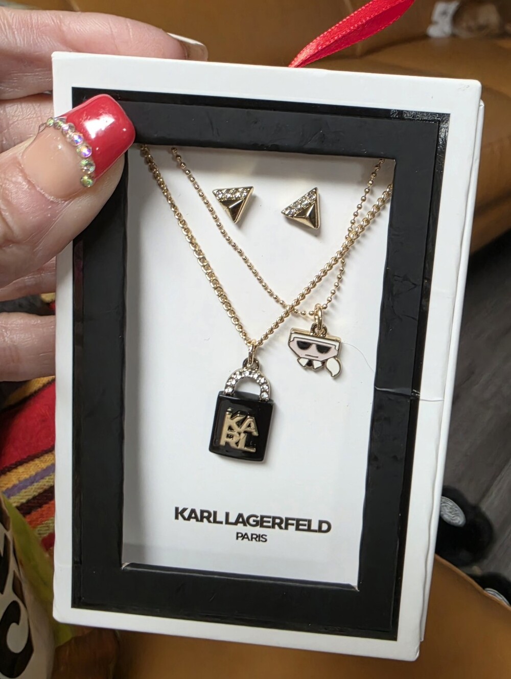 Karl Lagerfeld Black & Gold Padlock Pendant Necklace & Earring Set